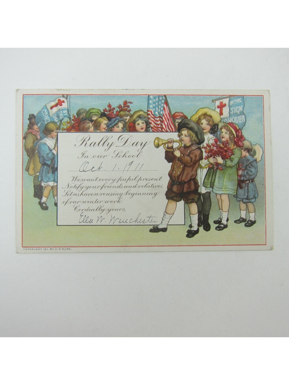 Postcard Sunday School Rally Day Children Red Cross US Flags Horn Antique 1911